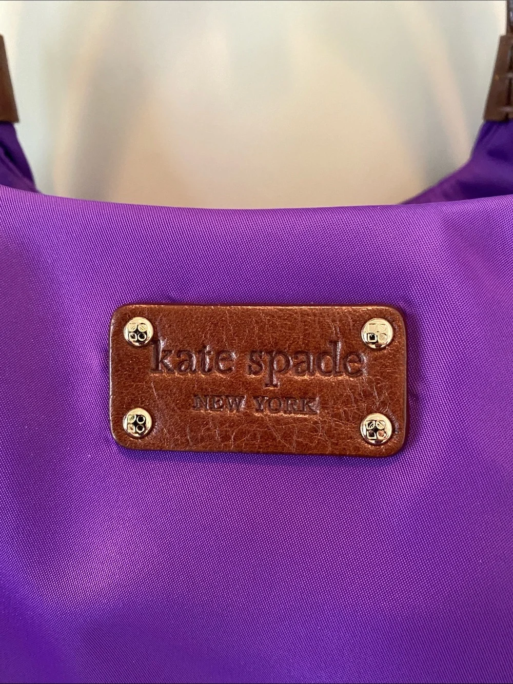 kate spade vibrant purple nylon shoulder bag with brown leather handles
